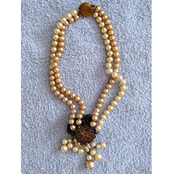 1940s Unsigned Haskell or Robert Faux Pearl Blue Glass Bead 2 Strand Necklace - Picture 2 of 12